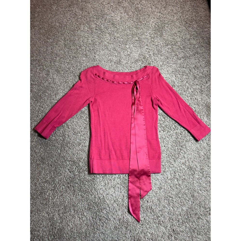 Express Pink Silk Blend Boat Neck Sweater Satin Ribbon Tie 3/4 Sleeve Small Y2K - Picture 2 of 8